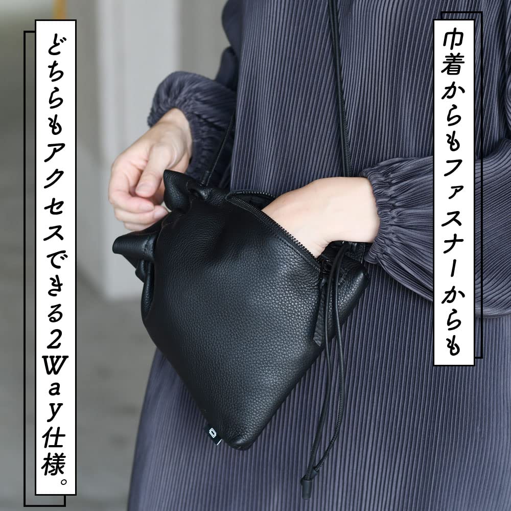 レザー巾着ショルダーバッグ　Mサイズ　ブラック waku ワク / 『KURO』Series レザーショルダー 巾着バッグ M